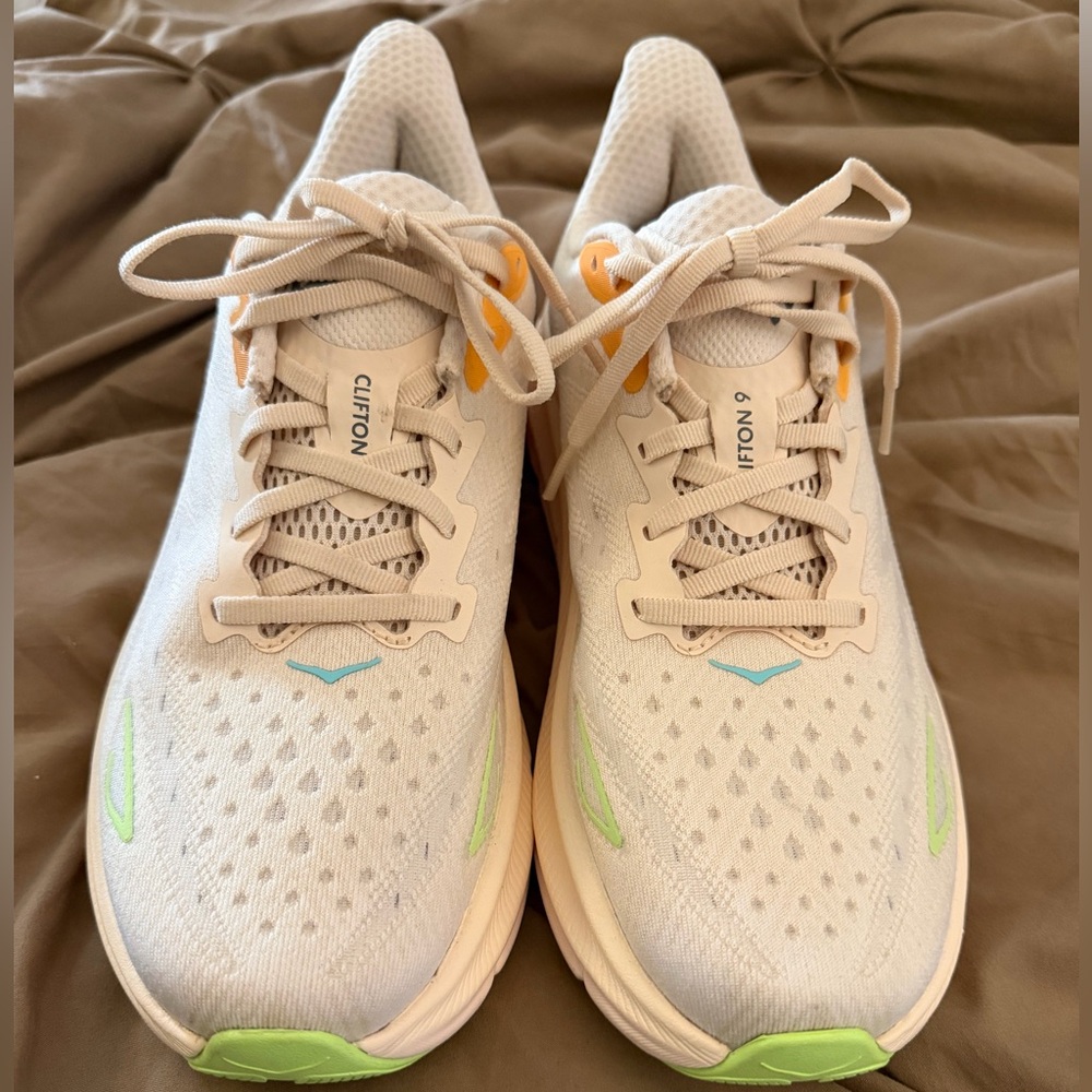 Hoka Women's Running Shoes in Light Beige with Green and Yellow Accents